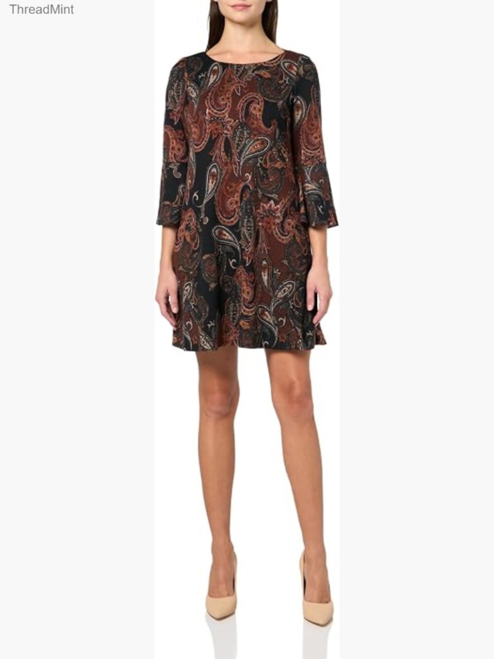 3/4 Sleeve Crew Neck Printed Trapeze Dress Size L